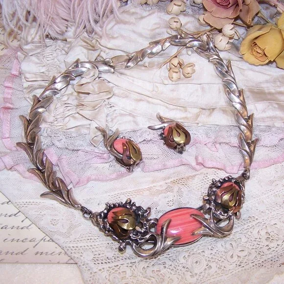 Made in Mexico Mexican 950 Silver and Pink Rhodochrosite Necklace/Clip Earrings - Picture 2 of 13